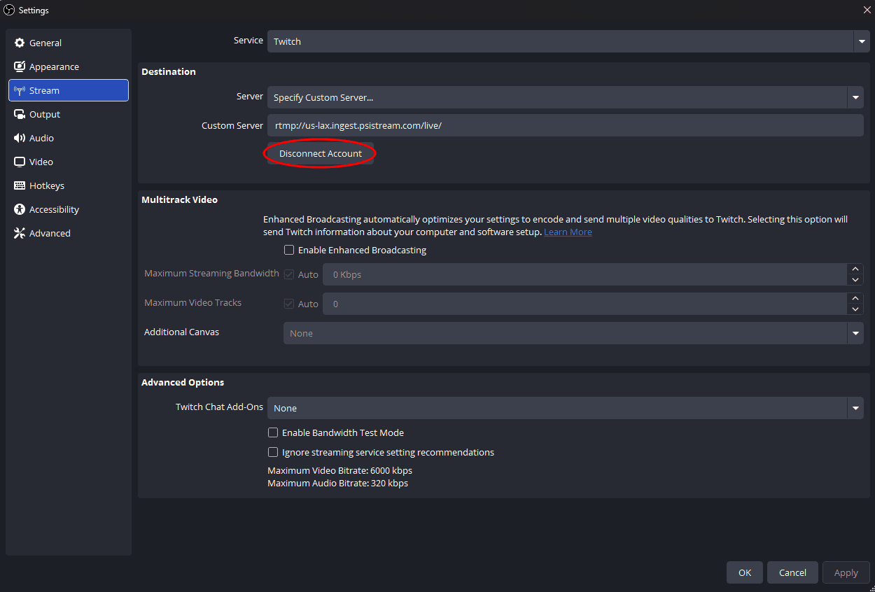 OBS Stream tab with the Disconnect Account button highlighted