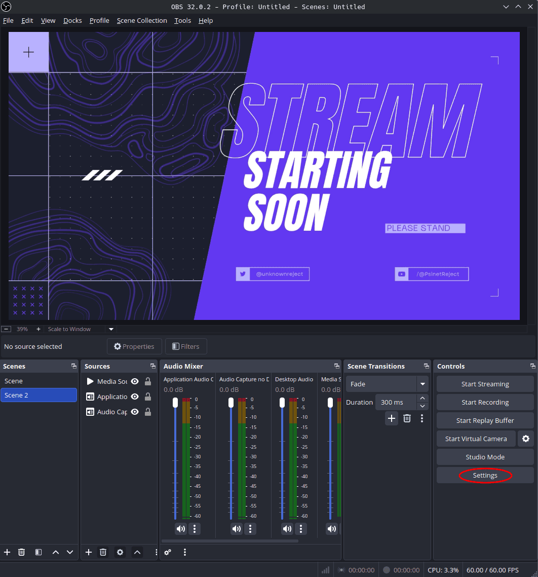 OBS main window with the Settings button highlighted in the Controls panel
