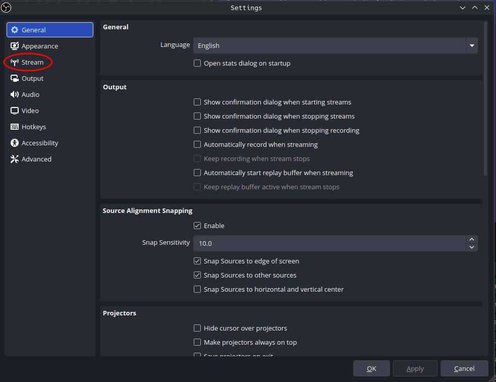 OBS Settings window with the Stream tab highlighted in the sidebar