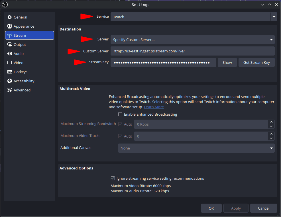 OBS Stream tab with Service set to Twitch, a custom PSiStream server, and a stream key